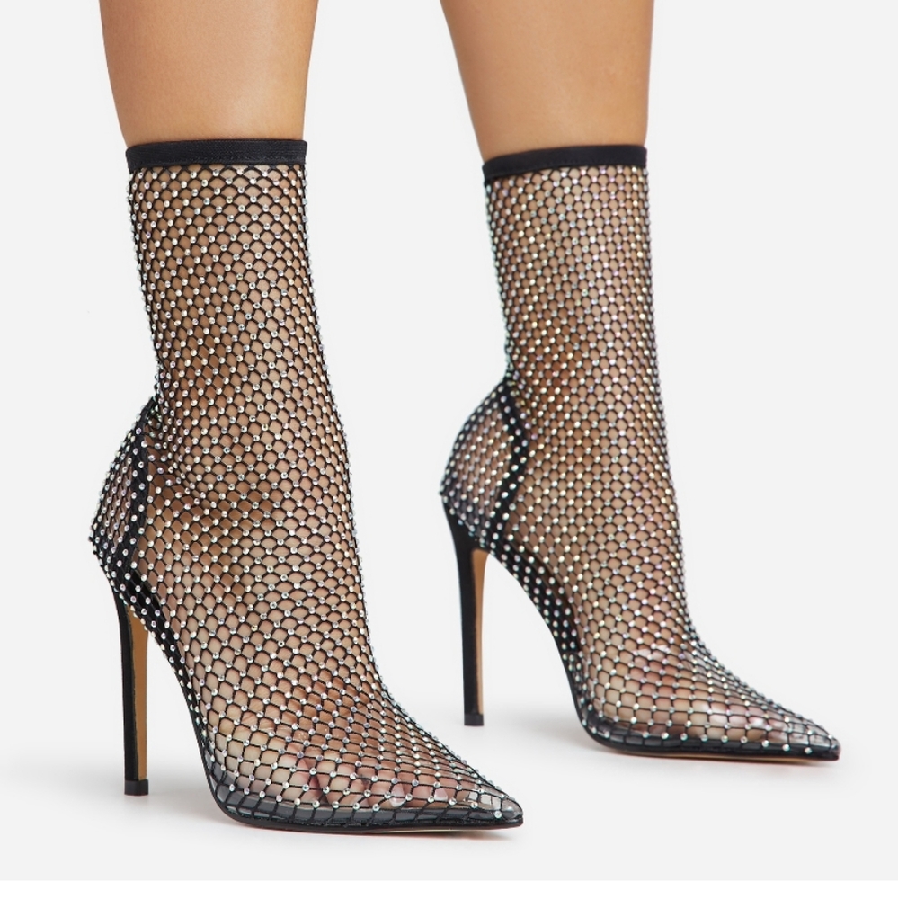 Ego SPLENDER DIAMANTE DETAIL POINTED TOE STILETTO HEEL ANKLE BOOT IN BLACK FISHN